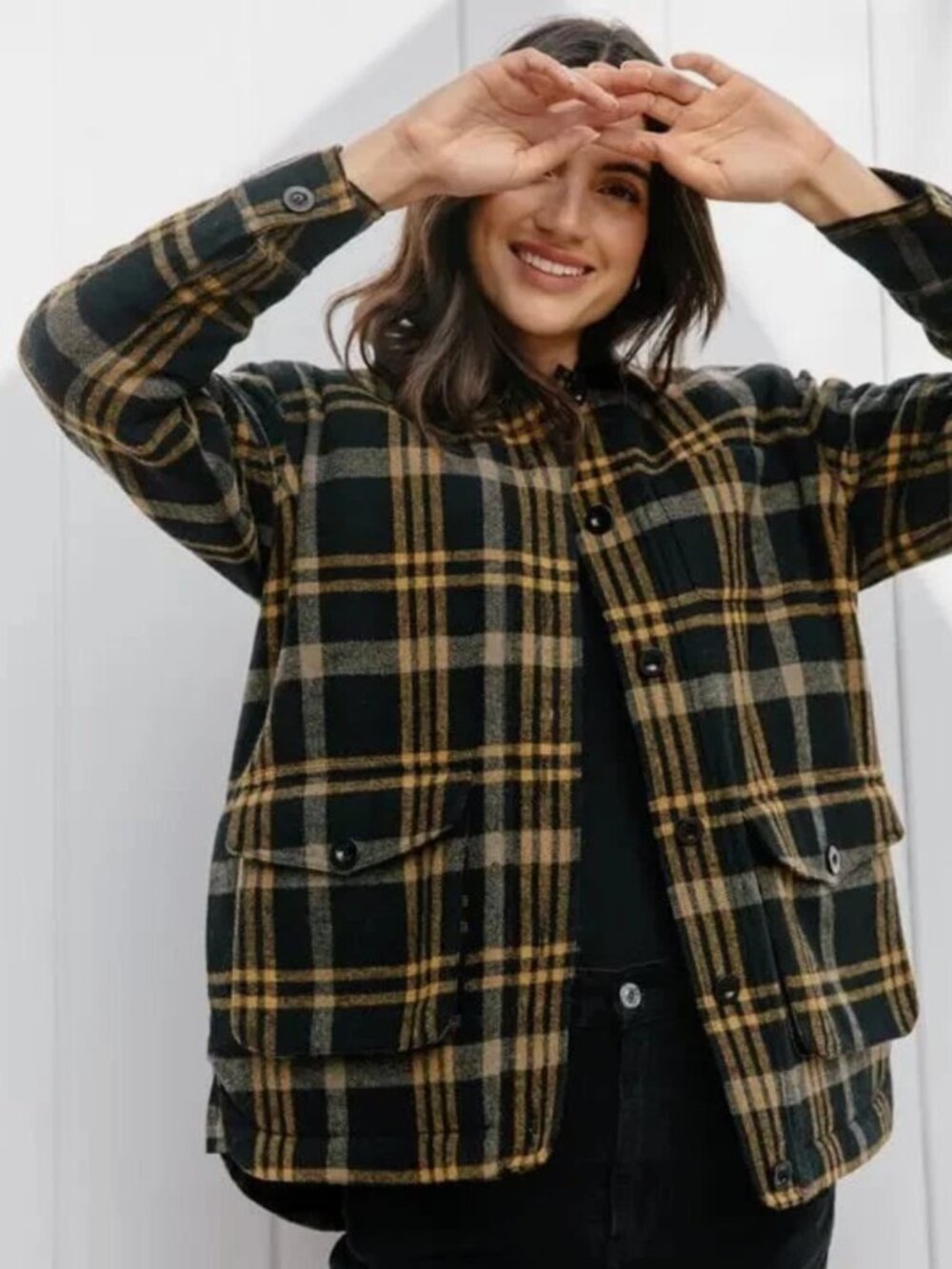 Jenni Kayne Farmhouse Plaid Button Coat Jacket Womens M Quilted Wool Blend